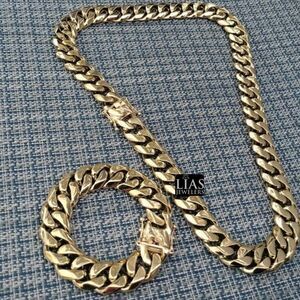 New 18k yellow gold filled Cuban link chain and bracelet set